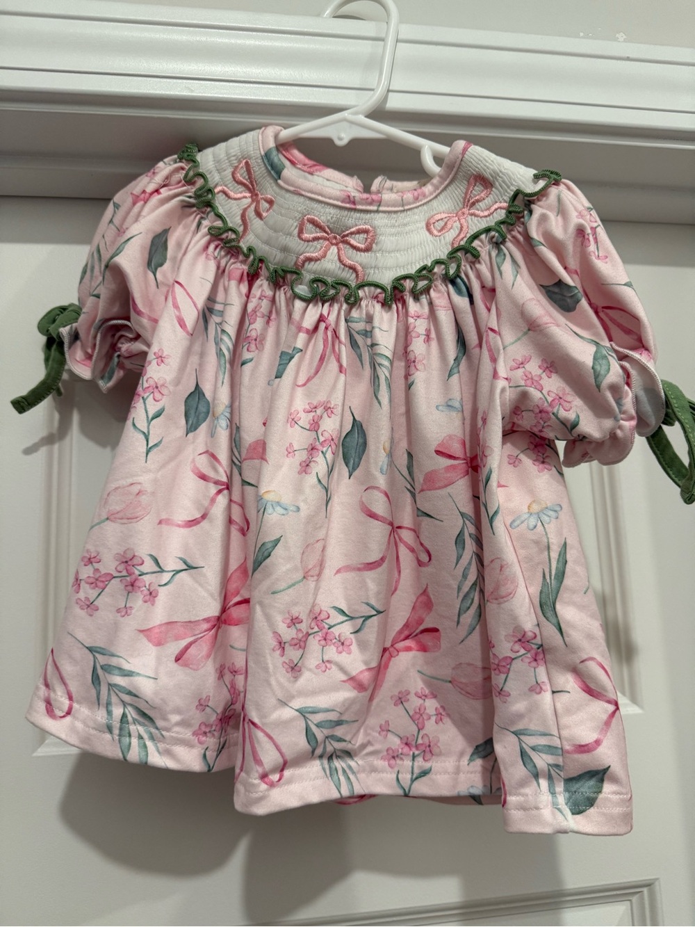 Girls Pink Floral Smocked Bow-Print Peasant Top